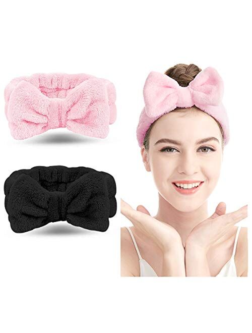 Lades Spa Headband – 2 Pack Bow Hair Band Women Facial Makeup Head Band Soft Coral Fleece Head Wraps For Shower Washing Face