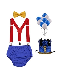 GUCHOL Baby Boys First Birthday Cake Smash Outfit with Bloomers Pants Sparkle Crown Hat Suspenders Bow Tie Set