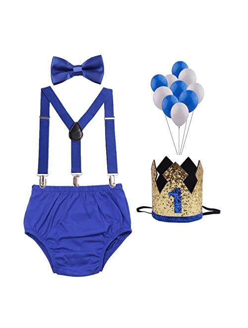 GUCHOL Baby Boys First Birthday Cake Smash Outfit with Bloomers Pants Sparkle Crown Hat Suspenders Bow Tie Set