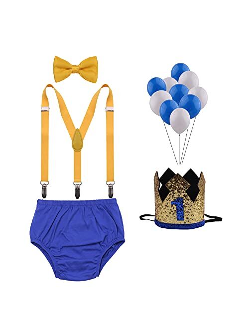 GUCHOL Baby Boys First Birthday Cake Smash Outfit with Bloomers Pants Sparkle Crown Hat Suspenders Bow Tie Set