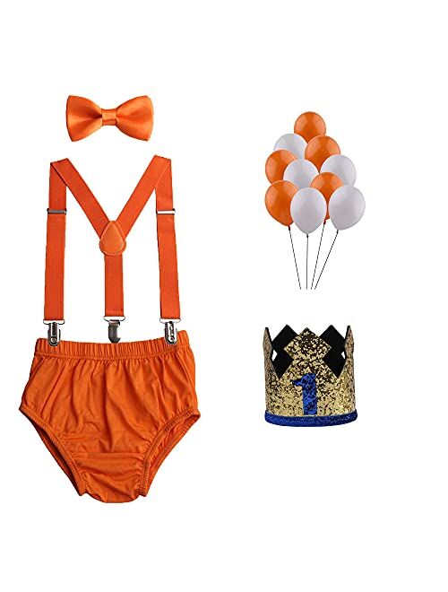 GUCHOL Baby Boys First Birthday Cake Smash Outfit with Bloomers Pants Sparkle Crown Hat Suspenders Bow Tie Set