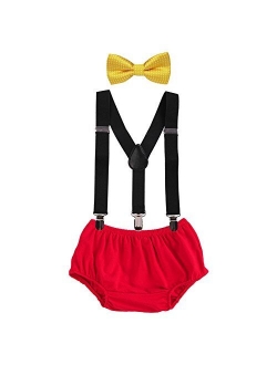 Owlfay Baby Boys Cake Smash Clothes Diaper Suspenders Pants Bow Tie 3PCS Set First 1st 2nd Birthday Outfit for Photo Prop Party