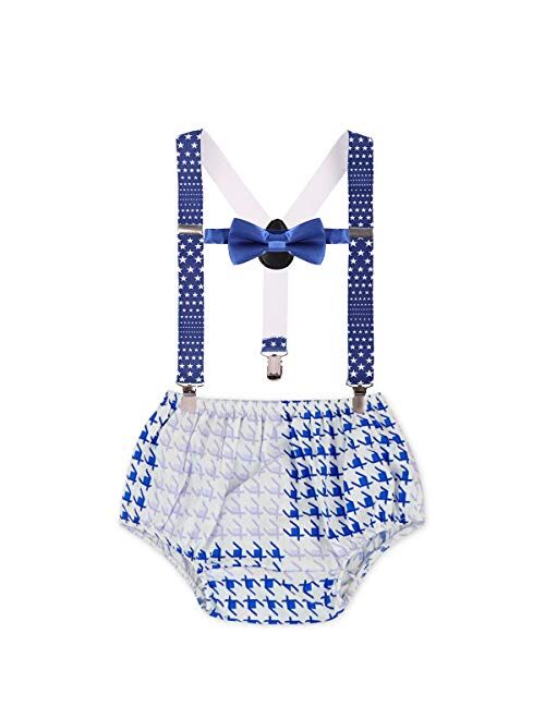 MYRISAM Baby Boys 1st 2nd Birthday Cake Smash Photo Props Party Outfits Printed Bloomers Diaper Cover Suspenders Bow Tie