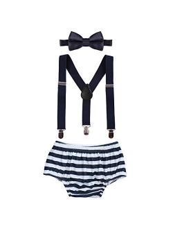 ODASDO Baby Boys 1st 2nd Birthday Cake Smash Photo Props Party Outfit Bloomers Diaper Cover Suspenders Bow Tie 3pcs