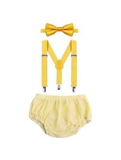 ODASDO Baby Boys 1st 2nd Birthday Cake Smash Photo Props Party Outfit Bloomers Diaper Cover Suspenders Bow Tie 3pcs