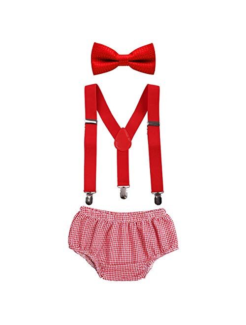 ODASDO Baby Boys 1st 2nd Birthday Cake Smash Photo Props Party Outfit Bloomers Diaper Cover Suspenders Bow Tie 3pcs