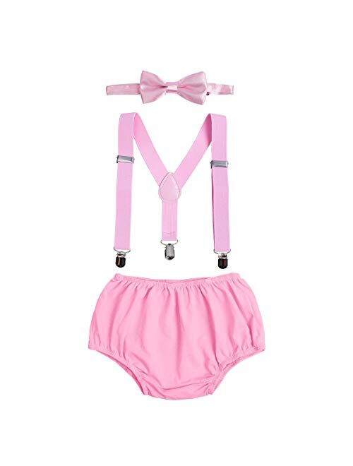 ODASDO Baby Boys 1st 2nd Birthday Cake Smash Photo Props Party Outfit Bloomers Diaper Cover Suspenders Bow Tie 3pcs