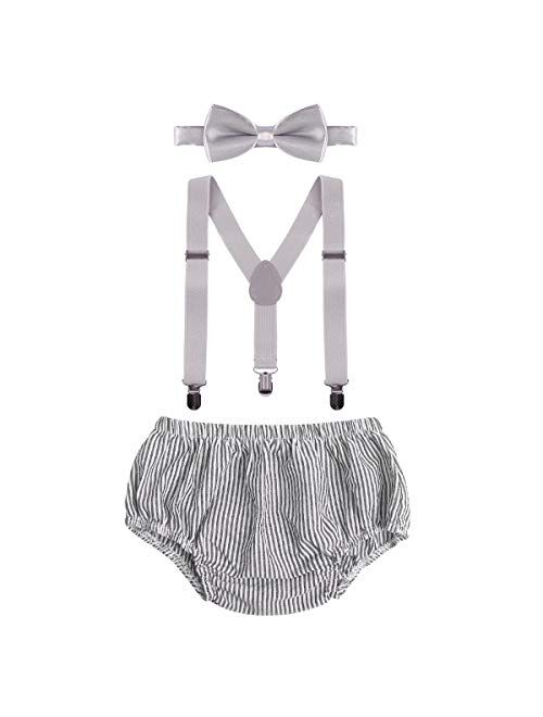 ODASDO Baby Boys 1st 2nd Birthday Cake Smash Photo Props Party Outfit Bloomers Diaper Cover Suspenders Bow Tie 3pcs