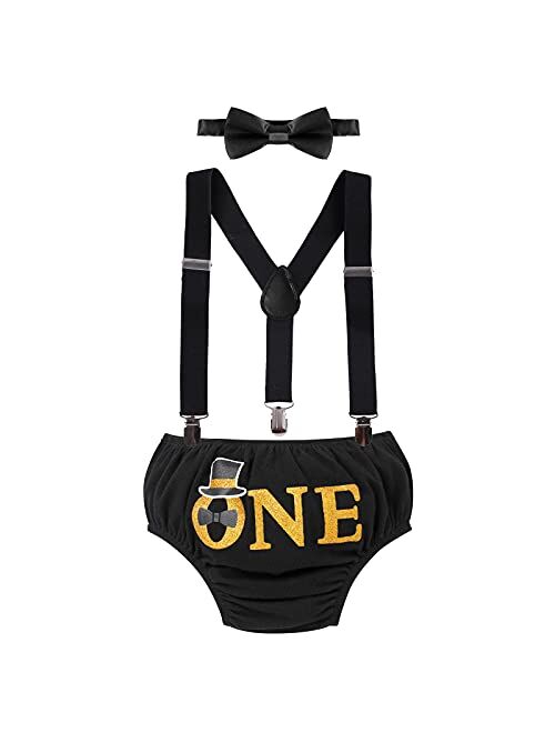 ODASDO Baby Boys 1st 2nd Birthday Cake Smash Photo Props Party Outfit Bloomers Diaper Cover Suspenders Bow Tie 3pcs