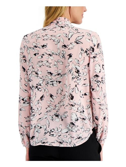 Kasper Printed Tie-Neck Bow Blouse