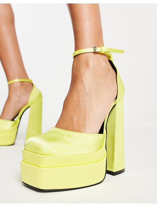 Daisy Street Exclusive double platform heeled shoes in bright yellow satin