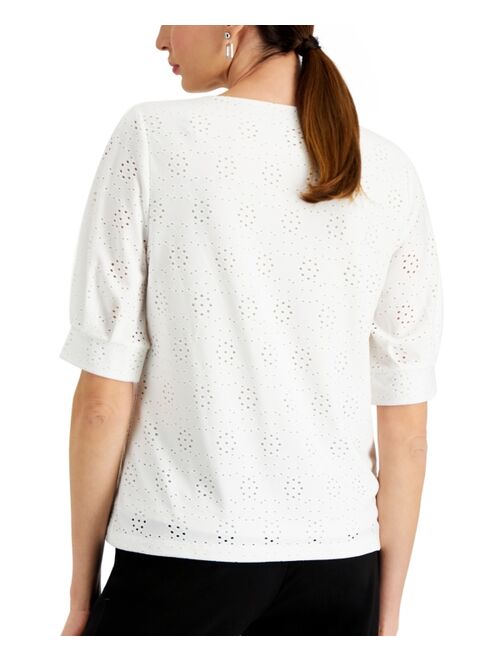 Kasper Puff-Sleeve Eyelet Top