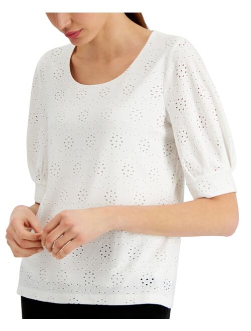 Kasper Puff-Sleeve Eyelet Top