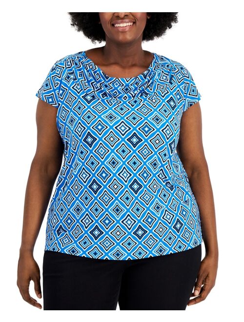 Kasper Plus Size Geo Printed Cap Sleeve Top