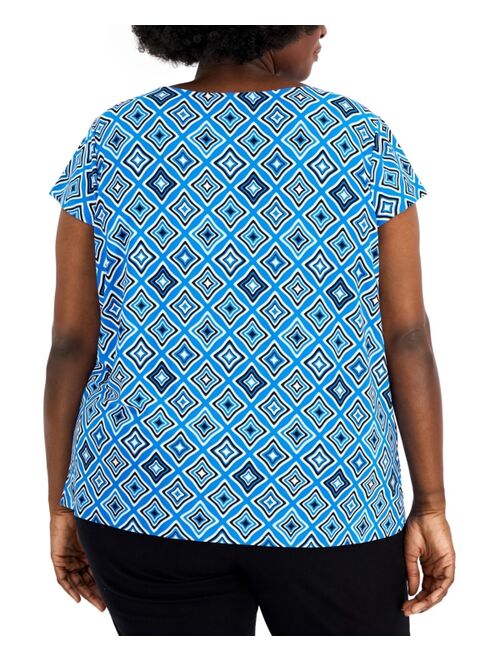 Kasper Plus Size Geo Printed Cap Sleeve Top