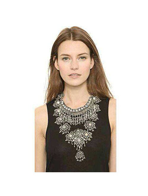 Zhenhui Statement Necklace for Women - Fashion Silver Long Bohemian Indian Jewelry Oxidized Chunky Necklace for Women Big Bib Ethnic Costume Jewelry (1)