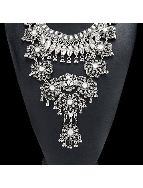 Zhenhui Statement Necklace for Women - Fashion Silver Long Bohemian Indian Jewelry Oxidized Chunky Necklace for Women Big Bib Ethnic Costume Jewelry (1)