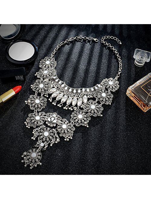 Zhenhui Statement Necklace for Women - Fashion Silver Long Bohemian Indian Jewelry Oxidized Chunky Necklace for Women Big Bib Ethnic Costume Jewelry (1)