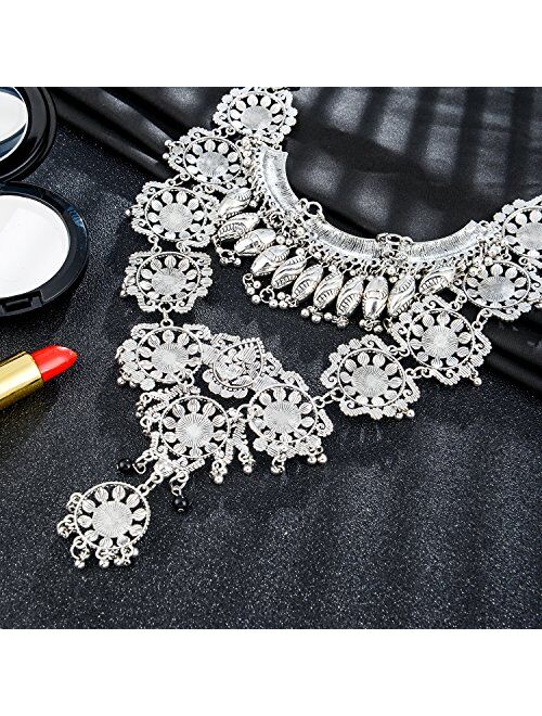 Zhenhui Statement Necklace for Women - Fashion Silver Long Bohemian Indian Jewelry Oxidized Chunky Necklace for Women Big Bib Ethnic Costume Jewelry (1)