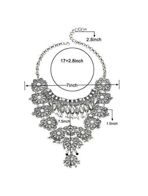 Zhenhui Statement Necklace for Women - Fashion Silver Long Bohemian Indian Jewelry Oxidized Chunky Necklace for Women Big Bib Ethnic Costume Jewelry (1)