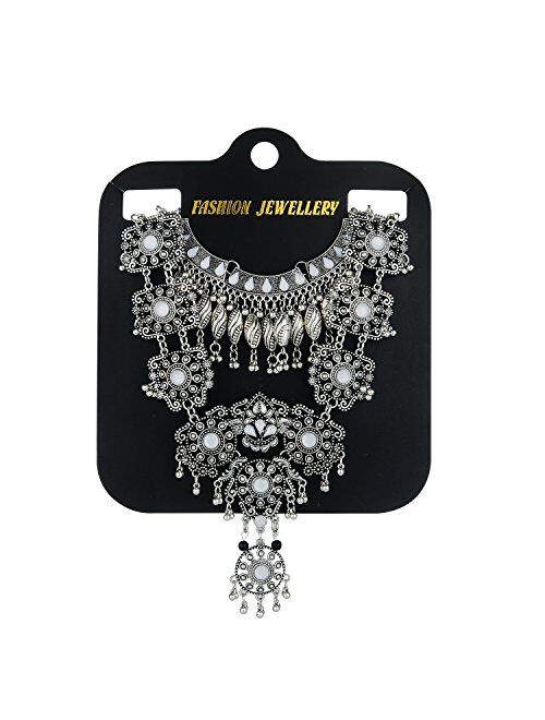 Zhenhui Statement Necklace for Women - Fashion Silver Long Bohemian Indian Jewelry Oxidized Chunky Necklace for Women Big Bib Ethnic Costume Jewelry (1)