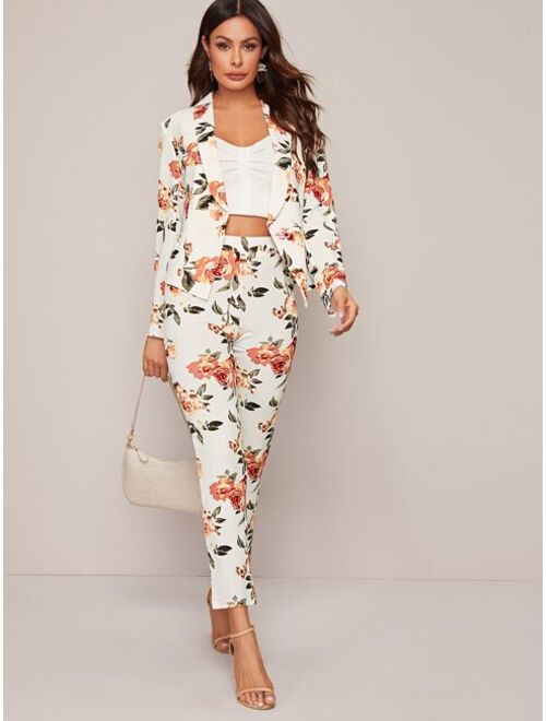 SHEIN Shawl Collar Floral Blazer and Pants Set