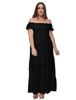 Anna-Kaci Women Plus Size Bohemian Long Maxi Dress Off Shoulder Short Sleeve Lace Semi Sheer