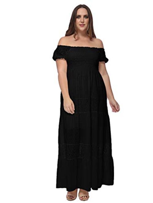 Anna Kaci Anna-Kaci Women Plus Size Bohemian Long Maxi Dress Off Shoulder Short Sleeve Lace Semi Sheer