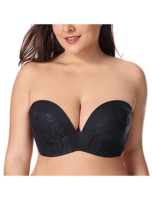 DELIMIRA Women's Slightly Lined Lift Great Support Lace Strapless Bra Push Up