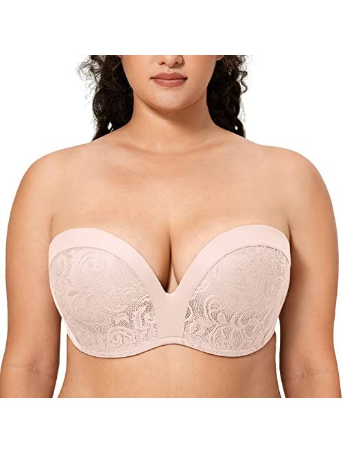 DELIMIRA Women's Slightly Lined Lift Great Support Lace Strapless Bra Push Up