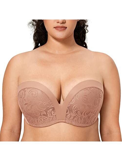 DELIMIRA Women's Slightly Lined Lift Great Support Lace Strapless Bra Push Up