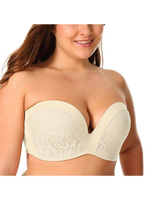 DELIMIRA Women's Slightly Lined Lift Great Support Lace Strapless Bra Push Up