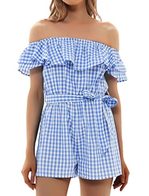 Anna Kaci Anna-Kaci Womens Off Shoulder Short Rompers Ruffle Hem Drawstring Waist Plaid Short Jumpsuit