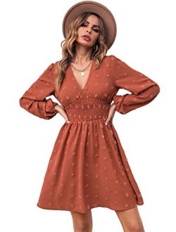 Anna-Kaci Polka Dot Smocked Long Sleeve V Neck Tunic Dress Swing Chiffon Beach Party Dresses