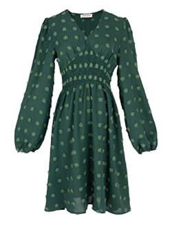 Anna-Kaci Polka Dot Smocked Long Sleeve V Neck Tunic Dress Swing Chiffon Beach Party Dresses