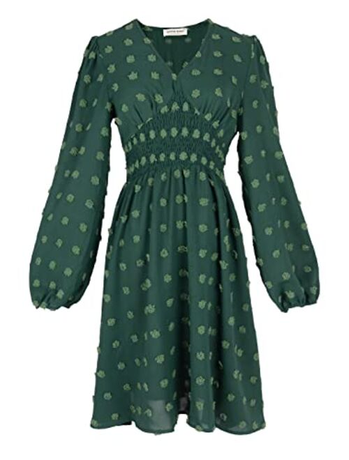 Anna Kaci Anna-Kaci Polka Dot Smocked Long Sleeve V Neck Tunic Dress Swing Chiffon Beach Party Dresses