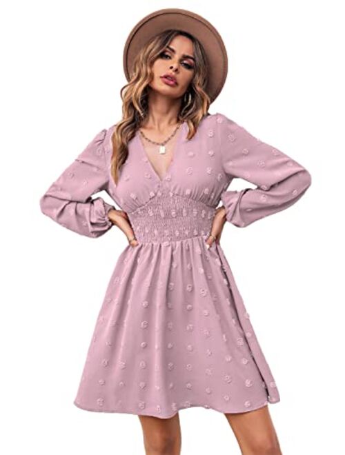 Anna Kaci Anna-Kaci Polka Dot Smocked Long Sleeve V Neck Tunic Dress Swing Chiffon Beach Party Dresses