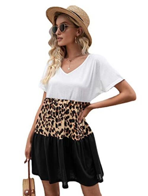 Anna Kaci Anna-Kaci Women's Leopard Print Colorblock V-Neck Short Sleeves T-Shirt Dress