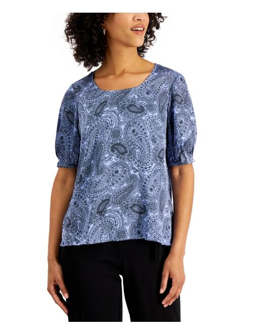 Kasper Paisley-Print Puff-Sleeve Top