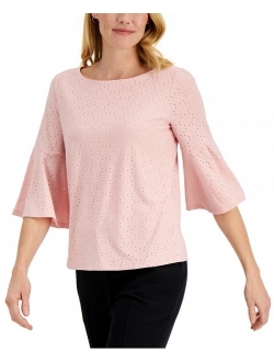 Regular & Plus Size Three-Quarter Bell Sleeve Eyelet Top