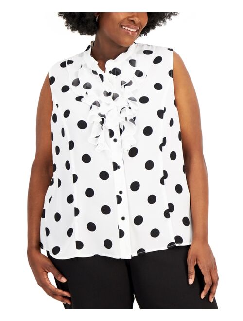 Kasper Plus Size Dot-Print Ruffled-Front Blouse