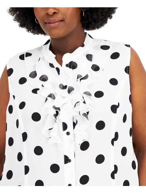 Kasper Plus Size Dot-Print Ruffled-Front Blouse