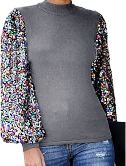 Anna-Kaci Women's Confetti Sequin Balloon Long Sleeve Mock Neck Pullover Sweatshirt