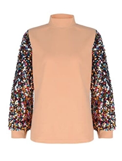 Anna-Kaci Women's Confetti Sequin Balloon Long Sleeve Mock Neck Pullover Sweatshirt