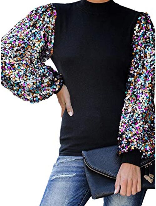 Anna Kaci Anna-Kaci Women's Confetti Sequin Balloon Long Sleeve Mock Neck Pullover Sweatshirt