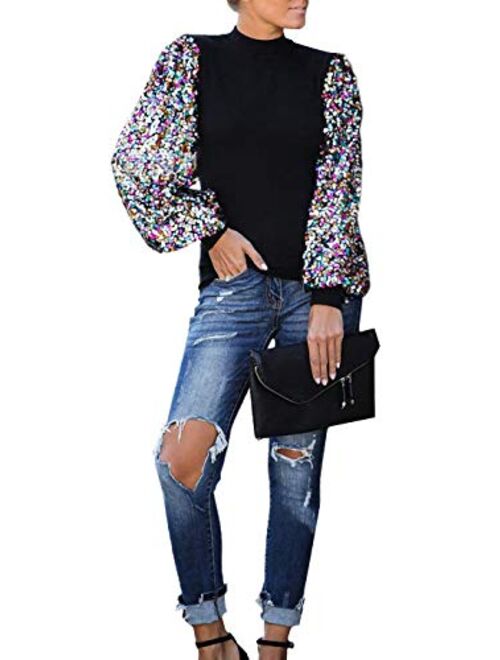 Anna Kaci Anna-Kaci Women's Confetti Sequin Balloon Long Sleeve Mock Neck Pullover Sweatshirt