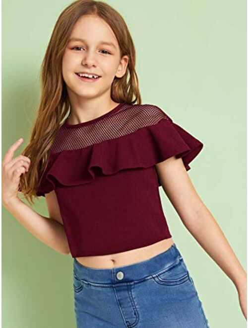 Milumia Girl Cute Mesh Ruffle Shoulder Crop Top Short Sleeve Round Neck Blouse Shirt