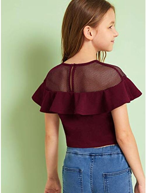 Milumia Girl Cute Mesh Ruffle Shoulder Crop Top Short Sleeve Round Neck Blouse Shirt