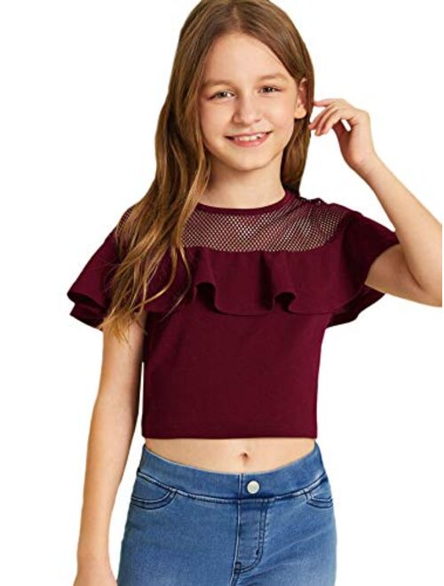 Milumia Girl Cute Mesh Ruffle Shoulder Crop Top Short Sleeve Round Neck Blouse Shirt