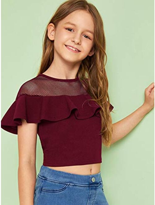 Milumia Girl Cute Mesh Ruffle Shoulder Crop Top Short Sleeve Round Neck Blouse Shirt